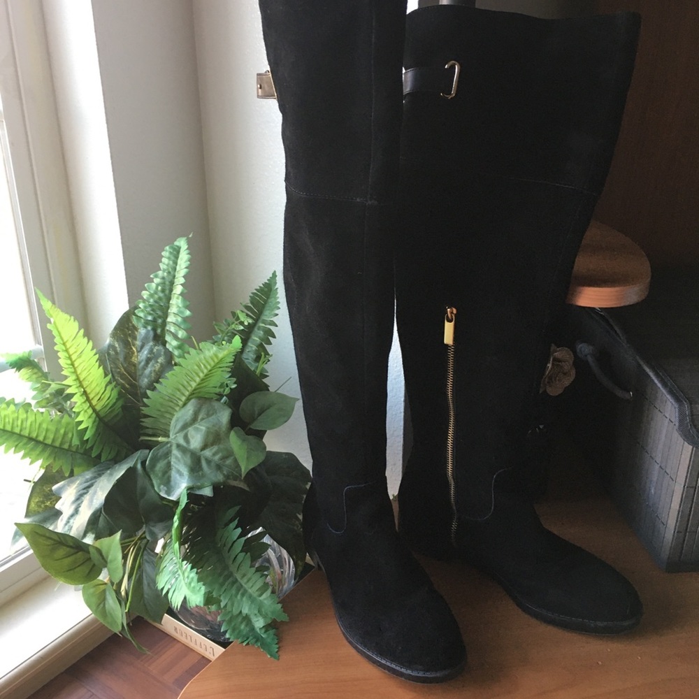 Black Leather over the knee boots with gold zipper